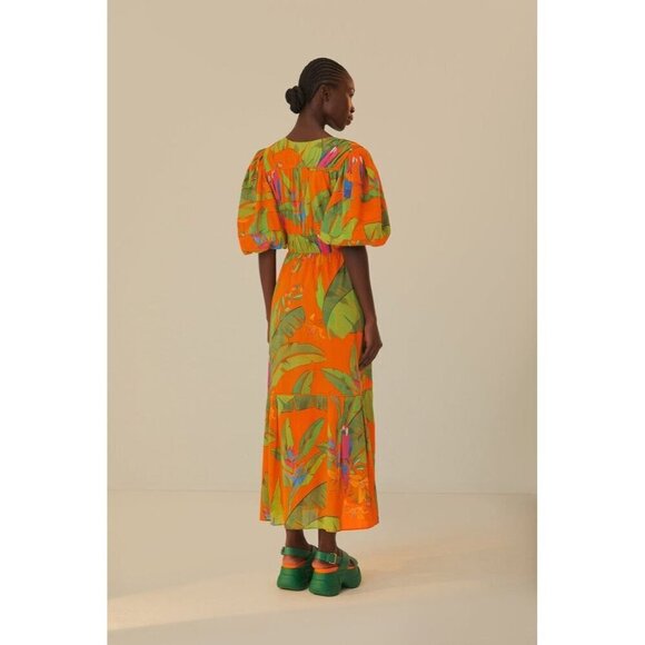 Anthropologie Farm Rio Orange Fresh Macaws Midi Dress Size XS $290 Colorful - Picture 3 of 6